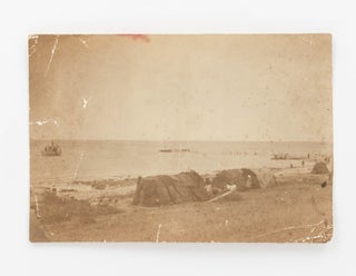 Item #125137 A vintage photograph of a beach encampment, possibly in the Lower Murray lakes...