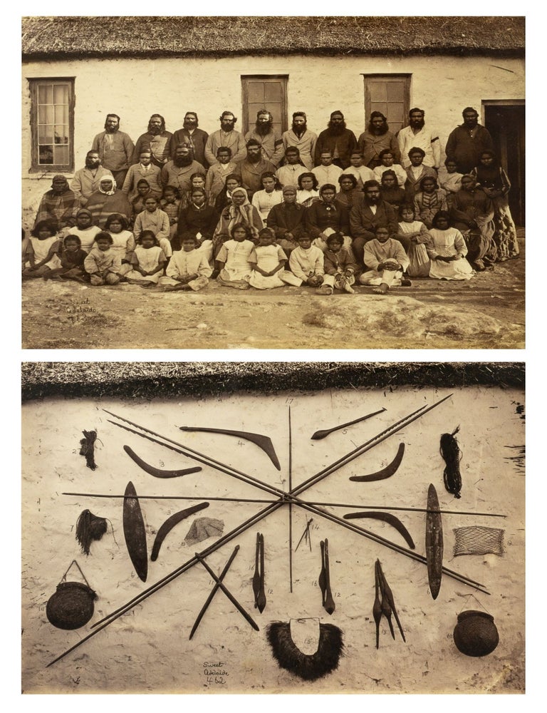 Item #125425 Two vintage photographs of Point McLeay Aboriginal Mission Station, 1878 (a fine group portrait, and a display of Ngarrindjeri weapons and artefacts). Captain Samuel SWEET.