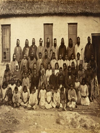 Two vintage photographs of Point McLeay Aboriginal Mission Station, 1878 (a fine group portrait, and a display of Ngarrindjeri weapons and artefacts)