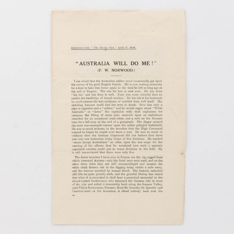 Item #126404 'Australia Will Do Me!' [Reprinted from 'The Rising Sun', April 14, 1919]. Frederick William NORWOOD.