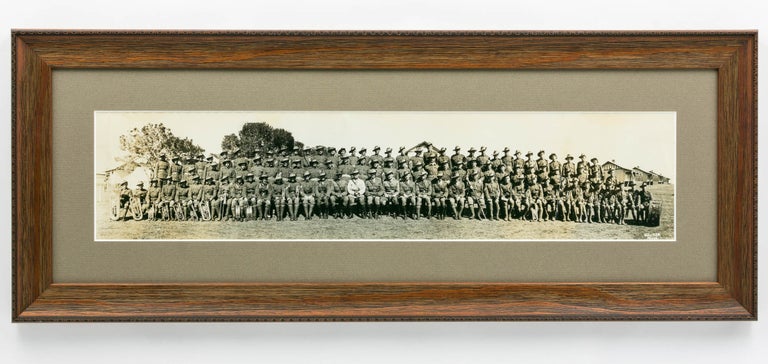 Item #126476 An original panoramic group portrait of approximately one hundred Australian soldiers, including band members with their instruments. Military Group Portrait.