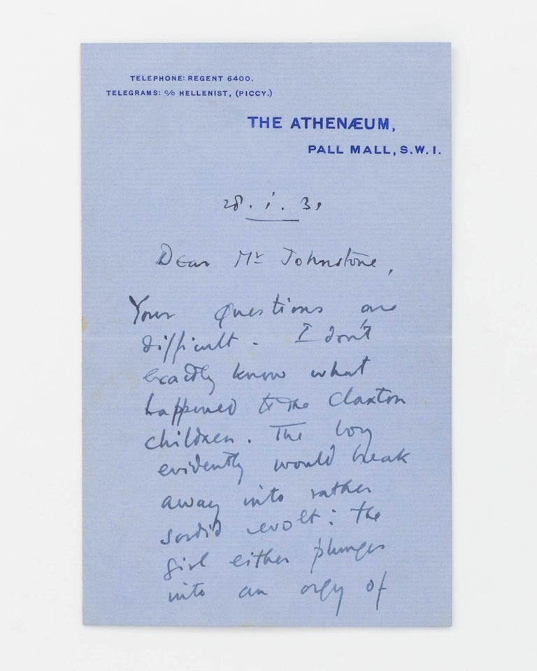 Item #126575 An autograph letter signed by Aldous Huxley, in answer to a question from a reader about the fate of the fictional Claxton children. Aldous HUXLEY, English writer.