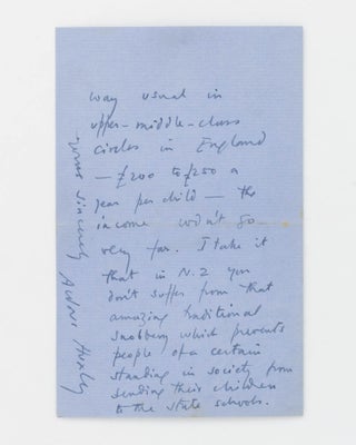 An autograph letter signed by Aldous Huxley, in answer to a question from a reader about the fate of the fictional Claxton children