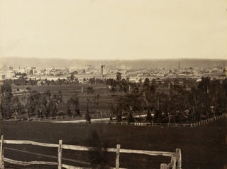 Vintage nineteenth-century photographs of Victoria Square, Adelaide (featuring the Supreme Court), and the city from Montefiore Hill, mounted back-to-back on a card leaf detached from an album