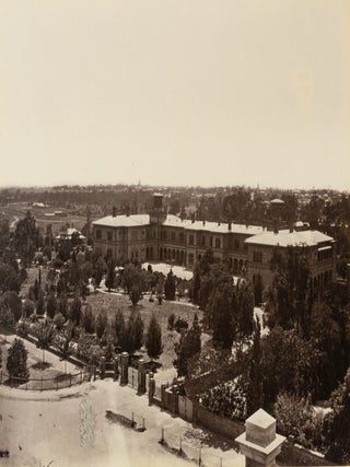 Vintage nineteenth-century photographs of the Bank of South Australia and the Royal Adelaide Hospital, mounted back-to-back on a card leaf detached from an album