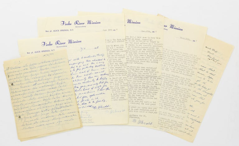 Item #127936 A collection of ten letters sent to T.G.H. Strehlow, mainly from the Finke River Mission at Hermannsburg in 1957-58; four are from the mission superintendent Pastor Friedrich Wilhelm Albrecht, one is from his son Paul, and five - written in Western Aranda (Arrernte) - are from local elders. T. G. H. STREHLOW.