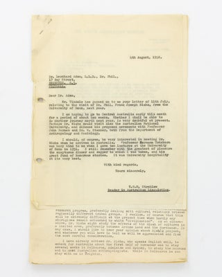 Item #127937 A typed letter signed by Norman B. Tindale, Curator of Anthropology, South...