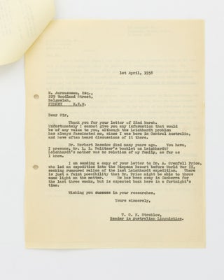 A typed letter signed by Norman B. Tindale, Curator of Anthropology, South Australian Museum to T.G.H. Strehlow, forwarding a request for assistance from Dr Leonhard Adam