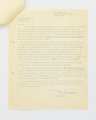 A typed letter signed by Norman B. Tindale, Curator of Anthropology, South Australian Museum to T.G.H. Strehlow, forwarding a request for assistance from Dr Leonhard Adam