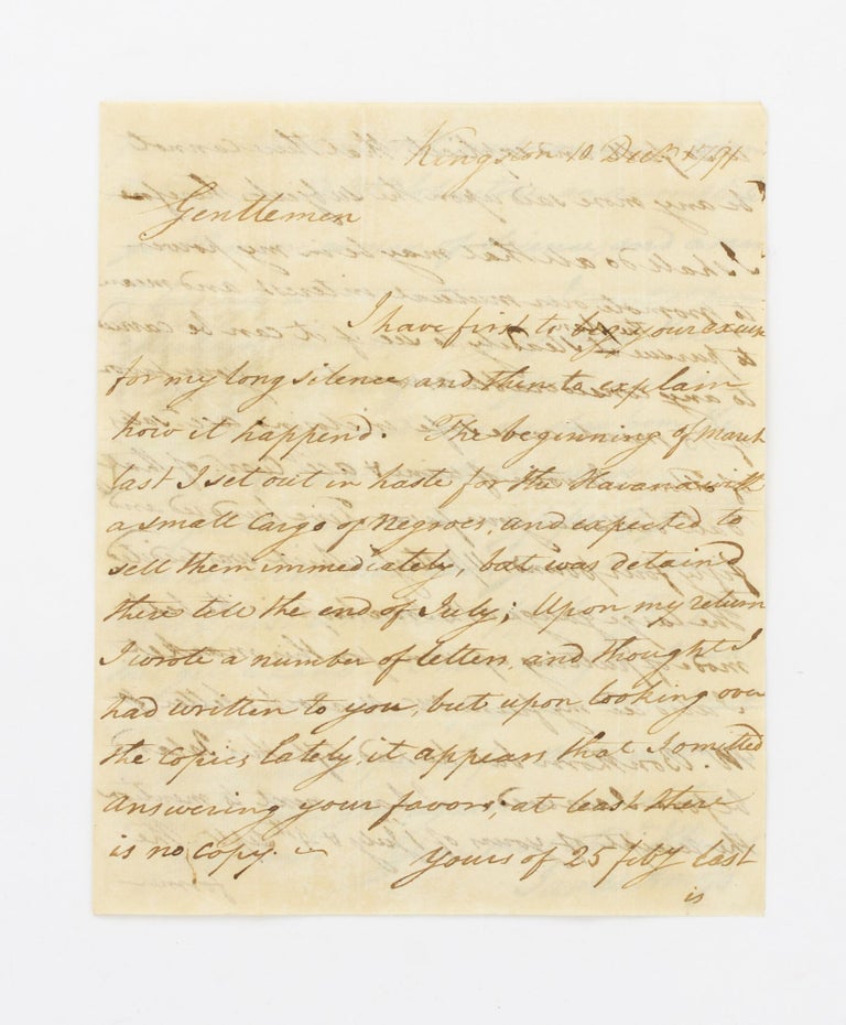 Item #130002 A 1791 autograph letter signed by James Amoss, wine merchant and slave dealer, sent from Kingston, Jamaica. Slavery.