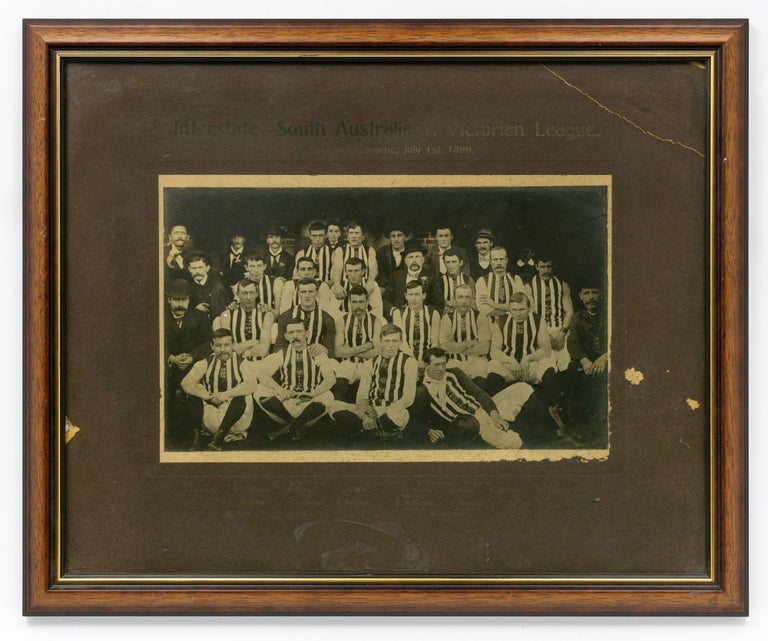 Item #130416 A vintage photograph captioned 'Interstate - South Australia v. Victorian League. Played in Melbourne, July 1st, 1899'. 1899 South Australian State Football Team.