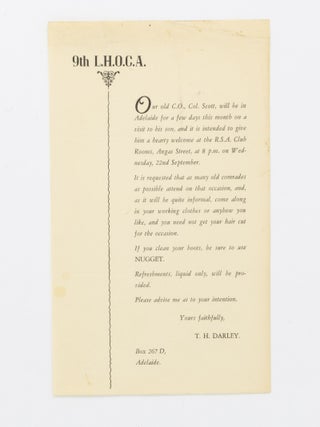 Item #131661 An invitation to a 'hearty welcome' to 'Our old C.O., Col. Scott' by the author of...