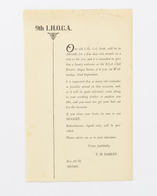 Item #131661 An invitation to a 'hearty welcome' to 'Our old C.O., Col. Scott' by the author of...