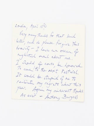 An autograph postcard signed by Anthony Burgess, addressed to Hedley Brideson, State Librarian of the State Library of South Australia, in his capacity as Chairman of the Writers' Week Committee of the Adelaide Festival of Arts