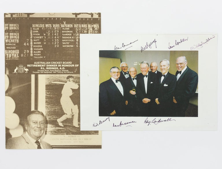 Item #132778 Australian Cricket Board. Retirement Dinner in Honour of P.L. Ridings, A.O. Grevillea Room, Hyatt Regency, Adelaide. Thursday 12th September, 1991 ... [cover title]. Cricket.