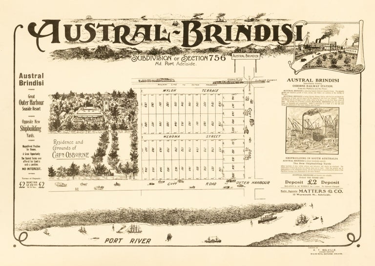 Item #133074 'Austral-Brindisi. Subdivision of Section 756, H[undred of] Port Adelaide' (an impressive poster for a proposed subdivision of land situated between Largs Bay and the Outer Harbor in Adelaide's north-western outer suburbs). Austral Brindisi Subdivision.