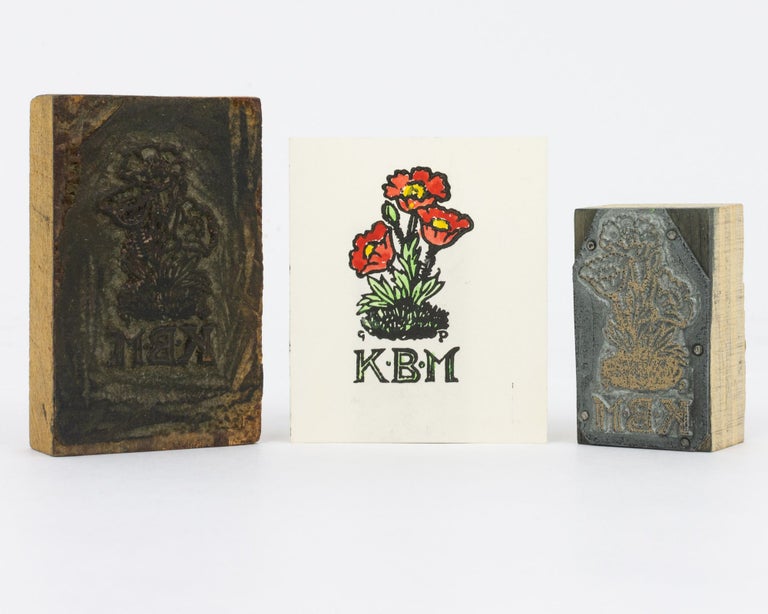 Item #133172 A hand-coloured linocut bookplate for K.B.M. (Katherine Blake Muir, the daughter of Harry and Marcie Muir), together with the original linoleum block and subsequent process block. Katherine Blake MUIR, George David PERROTTET.