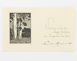 A printed pictorial Christmas card signed by Charles Barrett, containing his tipped-in bookplate