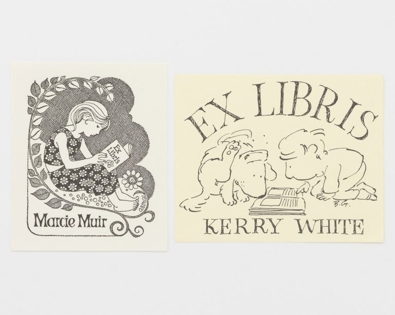 Item #134266 A pair of bookplates for the pioneering bibliographers of Australian children's books. Marcie MUIR, Kerry WHITE.