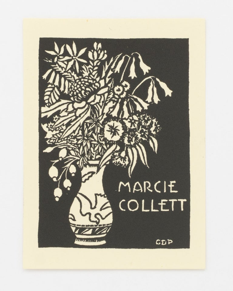 Item #134284 A woodcut bookplate for the Australian author and pioneering children's book bibliographer Marcie Muir, née Collett (1919-2007). Marcie MUIR, George David PERROTTET.