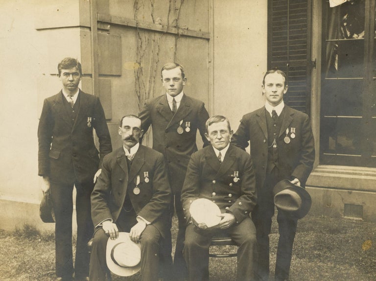 Item #134415 A vintage photograph showing five South Australians awarded the Sea Gallantry Medal for bravery in fighting a fire on board the SS 'South Africa' at Port Adelaide, 21 August 1910. Port Adelaide.