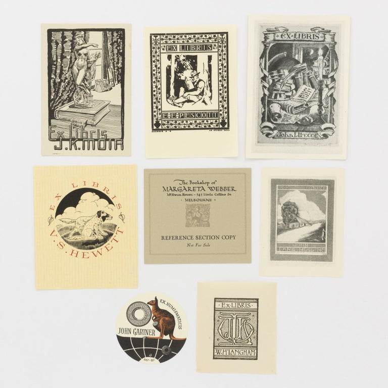 Item #134429 A group of eight bookplates for Australian bookmen: authors, booksellers, publishers, trade identities, literary patrons and bibliographers. Australian Bookplates.
