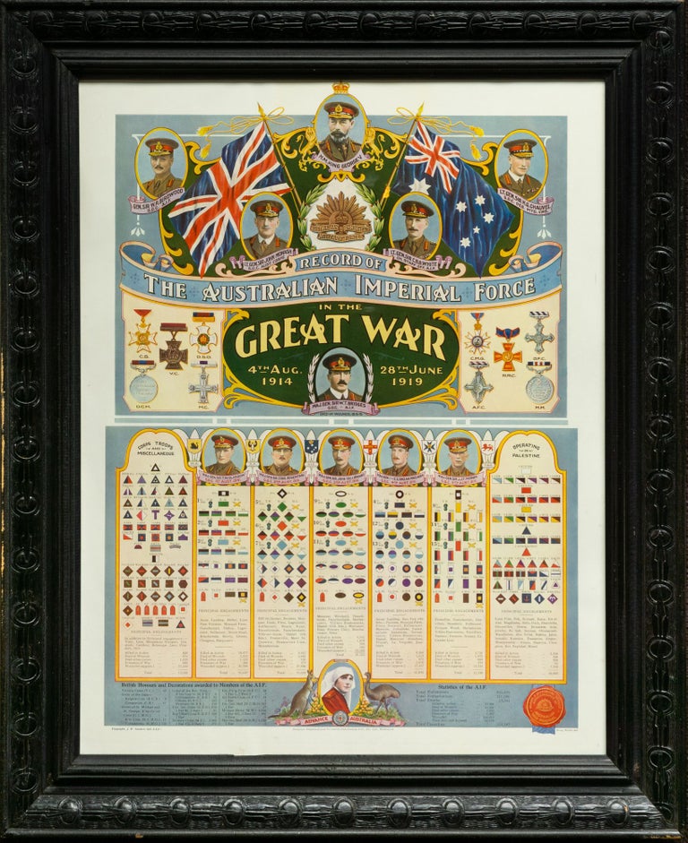 Item #136124 Record of the Australian Imperial Force in the Great War, 4th Aug. 1914 - 28th June 1919 [title of poster, with 'Copyright, J.W. Sanders (late AIF) / "Doug. Moule, del"' printed in the bottom margin]. Australian Imperial Force.