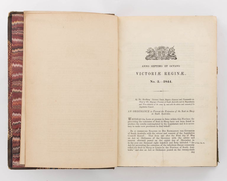 Item #13685 The Acts and Ordinances of South Australia ... A bound volume containing Numbers 3, 8 and 17 of 1844, plus all Acts and Ordinances for the years 1845 to 1848 inclusive. South Australia.