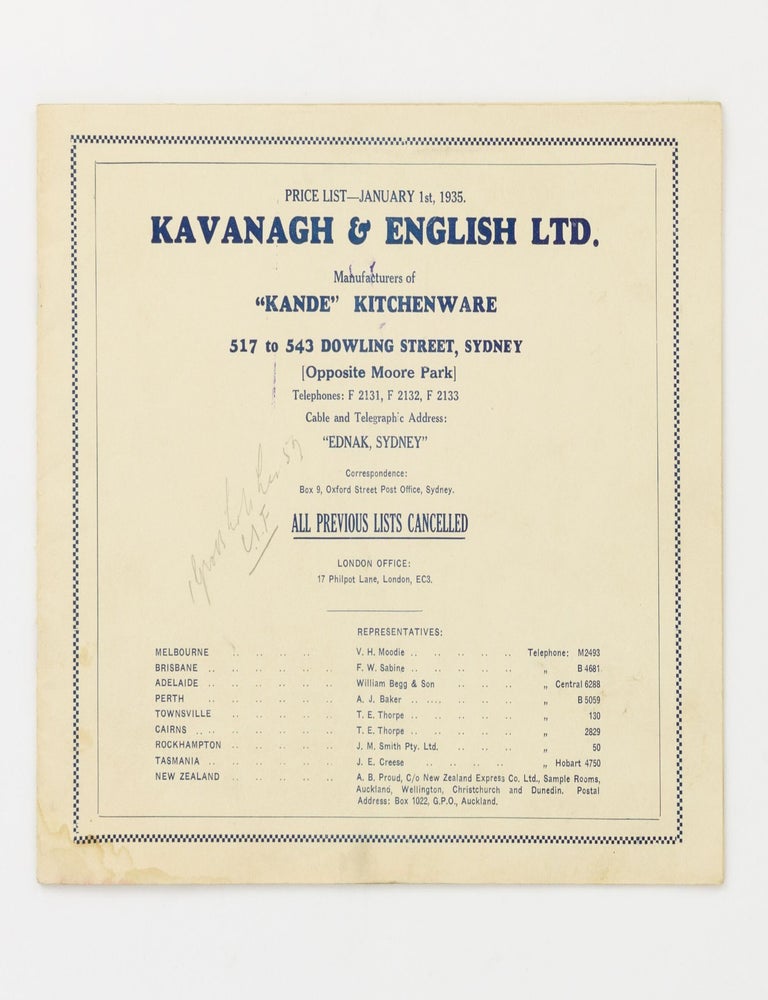 Item #137309 Price List - January 1st, 1935. Kavanagh & English Ltd. Manufacturers of 'Kande' Kitchenware. 517 to 543 Dowling Street, Sydney .... [cover title]. Trade Catalogue.