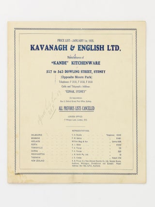 Item #137309 Price List - January 1st, 1935. Kavanagh & English Ltd. Manufacturers of...