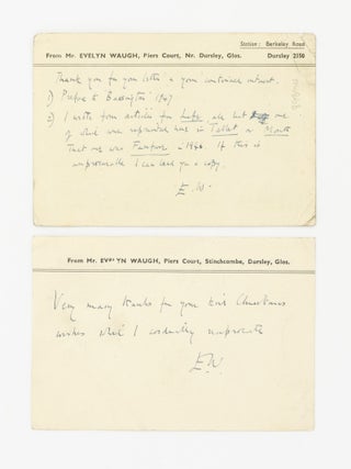 Item #137571 An autograph postcard initialled 'E.W.' by Evelyn Waugh, addressed to Terence...