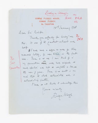 Item #137574 An unpublished autograph letter signed 'Evelyn Waugh', dated 25 January 1958 and...