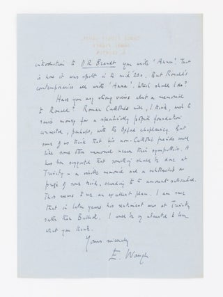 An unpublished autograph letter signed 'E. Waugh', dated 22 January 1958 and addressed to Sir Ralph Furse, in relation to research for his biography of Monsignor Ronald Knox