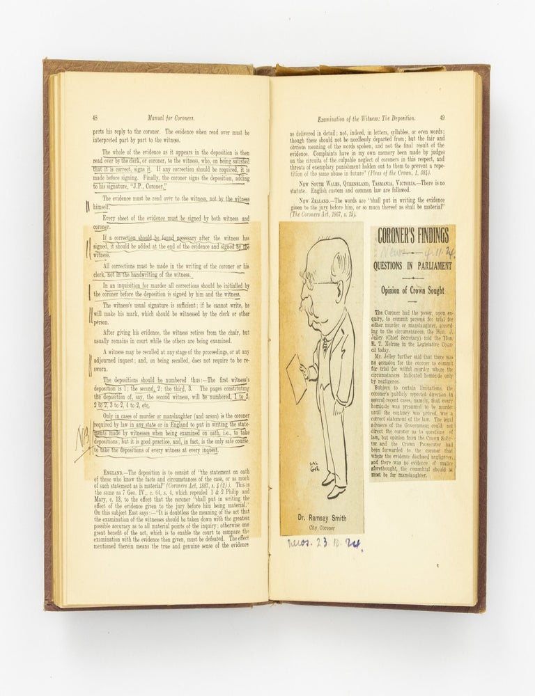 Item #139852 A Manual for Coroners. Being a Guide to Coronial Inquiries and Inquests in South Australia and throughout Australasia and in England. W. Ramsay SMITH.