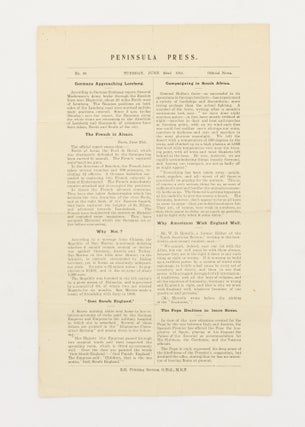 Six issues of 'Peninsula Press', the exceptionally rare Gallipoli field news bulletin, offered as one lot: Numbers 33 (Tuesday 29 June 1915), 34, 46, 57, 74, and 84 (Monday 18 October 1915)