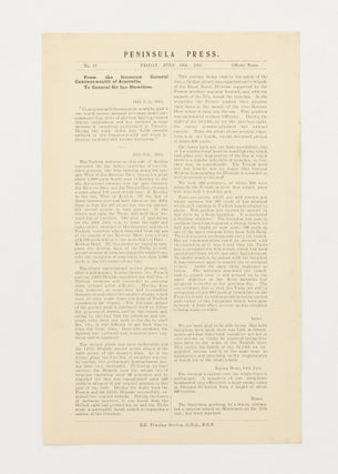 Six issues of 'Peninsula Press', the exceptionally rare Gallipoli field news bulletin, offered as one lot: Numbers 33 (Tuesday 29 June 1915), 34, 46, 57, 74, and 84 (Monday 18 October 1915)