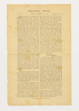 Six issues of 'Peninsula Press', the exceptionally rare Gallipoli field news bulletin, offered as one lot: Numbers 33 (Tuesday 29 June 1915), 34, 46, 57, 74, and 84 (Monday 18 October 1915)