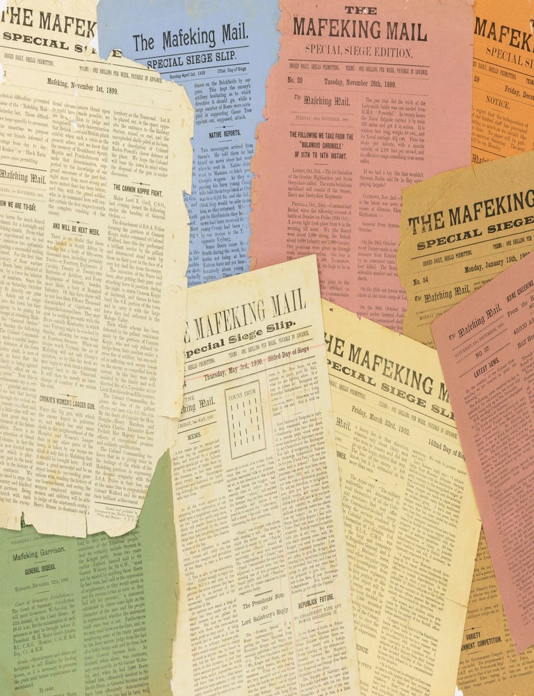 Item #142162 A substantial run of 111 issues of the Special Siege Edition and Special Siege Slips of 'The Mafeking Mail', from Number 1 (1 November 1899) to Number 148 (23 May 1900), the first issue after the end of the siege, with impeccable provenance. Boer War, G. N H. WHALES, 'The Mafeking Mail'.