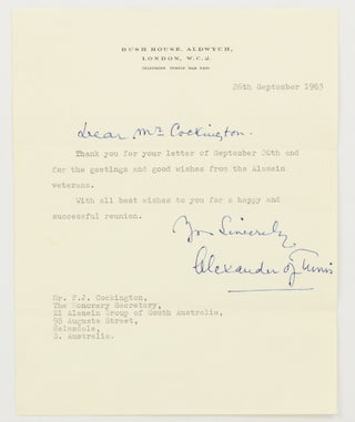 A small archive comprising letters (including autograph letters from Montgomery of Alamein and Alexander of Tunis), photographs, memorabilia, dog tags, and war service medals relating to the Cockington brothers from Woodville in suburban Adelaide, SX 3932 Gunner Frederic John Cockington and 407707 Sergeant Percival Cockington (RAAF)
