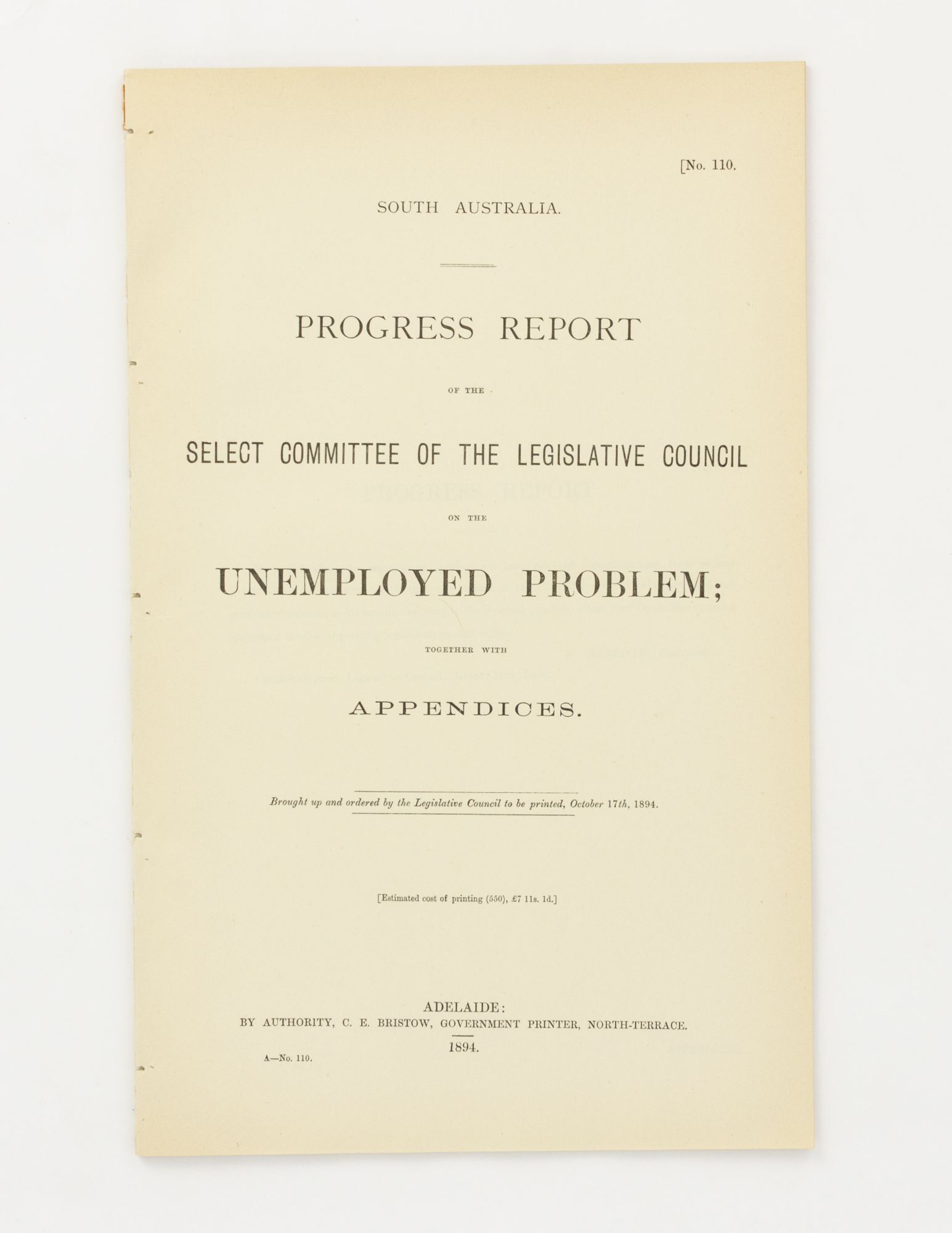 Progress Report of the Select Committee of the Legislative Council on ...