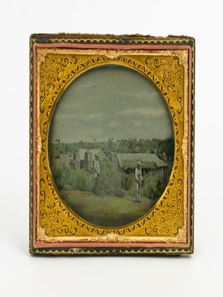 Item #144085 A handcoloured half-plate ambrotype of an Australian rural scene, featuring several...