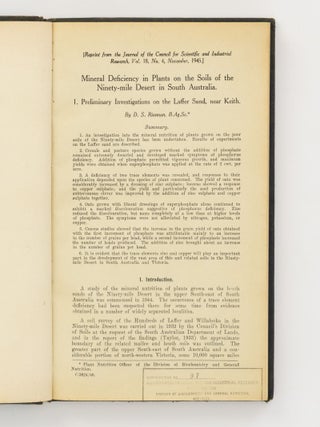 A bound volume of four papers by David Riceman on his pioneering research into 'Mineral Deficiency in Plants on the Soils of the Ninety-Mile Plain in South Australia'