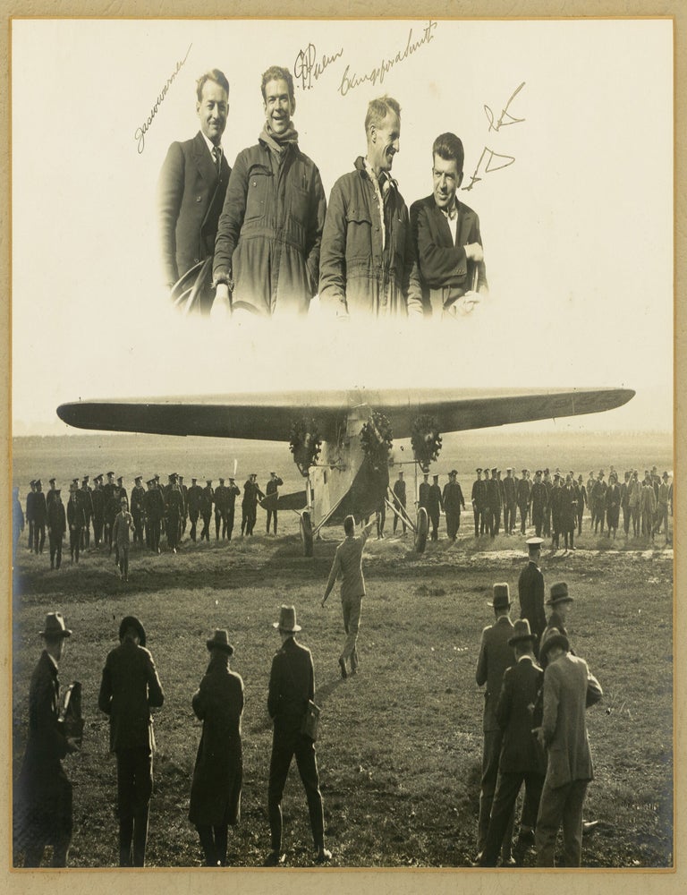 Item #144654 A fully signed vintage photo-montage of the crew of the 'Southern Cross' displayed above a close-up view of the aircraft landing in Sydney on 10 June 1928, shortly after their historic first trans-Pacific flight (31 May to 9 June 1928). Charles KINGSFORD-SMITH, Harry LYON, Charles ULM, James WARNER.