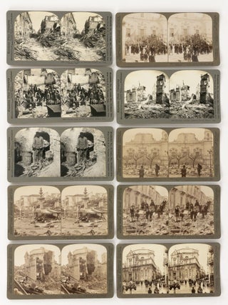 A collection of 96 stereo photographs showing the aftermath of famous disasters: the San Francisco earthquake of 1906; the Messina earthquake of 1908; the Kingston earthquake of 1907; the 1902 eruption of Mount Pel&eacute;e; and the fire and wreck of the PS 'General Slocum' in 1904