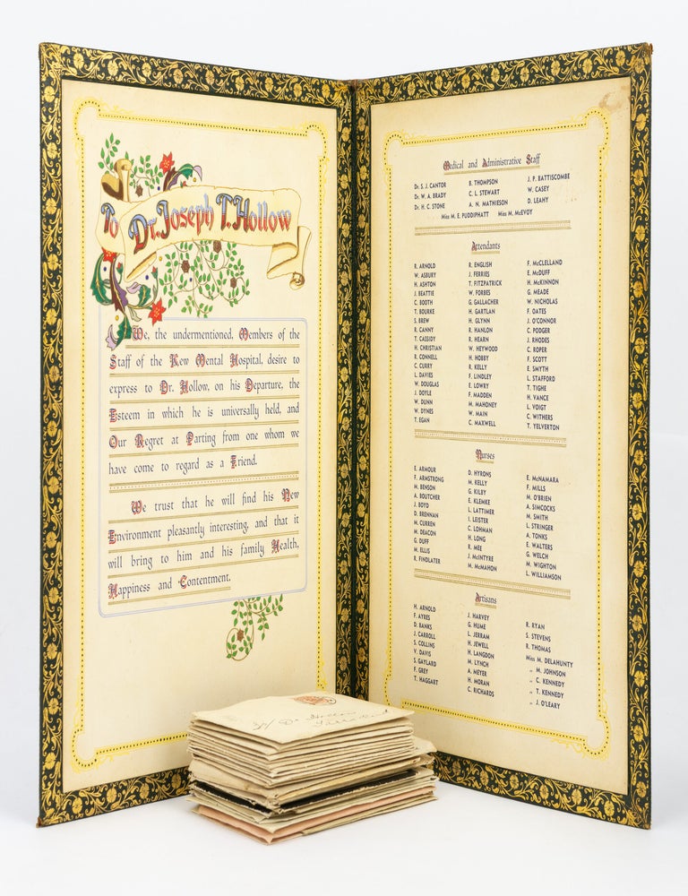Item #146485 A two-panel hand-painted illuminated address presented to Joseph T. Hollow on the occasion of his retirement as Medical Superintendent at the Kew Mental Hospital in January 1938. Melbourne Kew Lunatic Asylum, Dr Joseph T. HOLLOW.