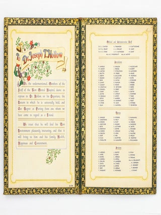 A two-panel hand-painted illuminated address presented to Joseph T. Hollow on the occasion of his retirement as Medical Superintendent at the Kew Mental Hospital in January 1938