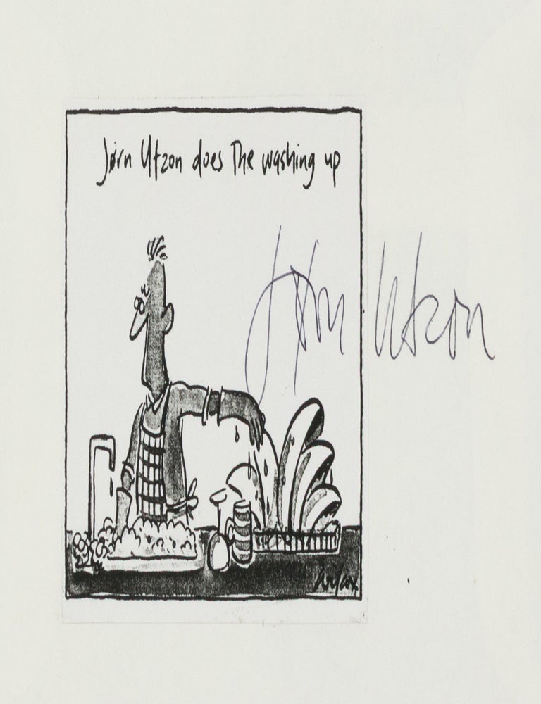 Item #146552 A cartoon signed by J&oslash;rn Utzon (1918-2008, architect of the Sydney Opera House), with a related letter revealingly (and entertainingly) annotated and initialled by him. J&oslash;rn UTZON, Joern.