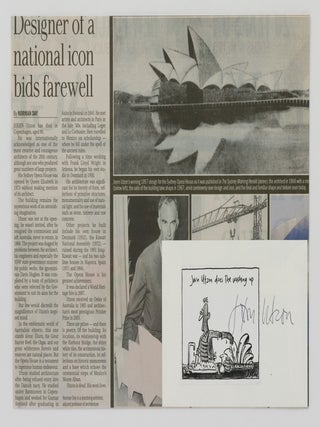 A cartoon signed by J&oslash;rn Utzon (1918-2008, architect of the Sydney Opera House), with a related letter revealingly (and entertainingly) annotated and initialled by him