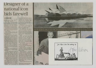 A cartoon signed by Jørn Utzon (1918-2008, architect of the Sydney Opera House), with a related letter revealingly (and entertainingly) annotated and initialled by him