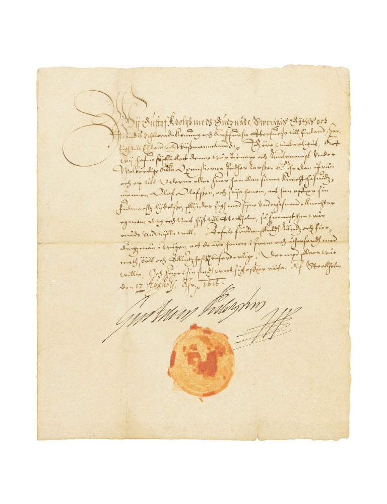 Item #146656 A manuscript document, in a secretarial hand, signed by Gustavus Adolphus (1594-1632) and with the remnants of his royal seal, dated 17 August 1616. The document requests safe passage for a messenger sent urgently to summon a local infantry captain (Knechteh&ouml;fidsman) Olaf Olafsson and his troops to Stockholm likely for deployment in the Ingrian War. GUSTAVUS ADOLPHUS, 1611 to 1632, King of Sweden Gustav II Adolf.